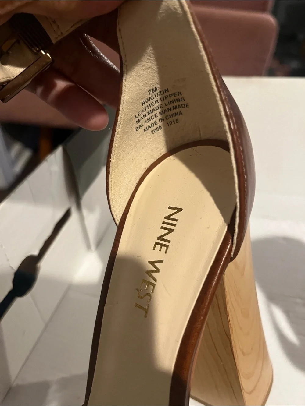 Nine West Brown Leather Ankle-Strap Platform Pump with Wood-Look Heel